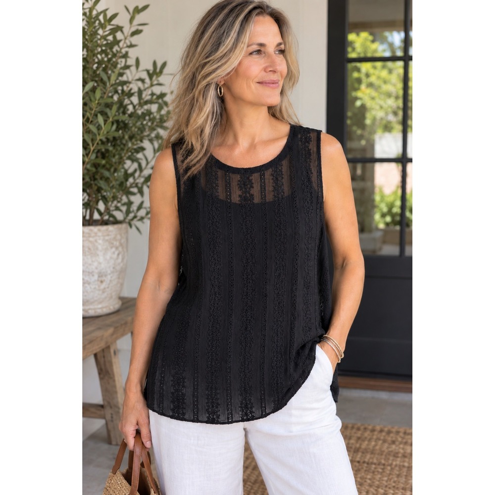 Eileen Fisher Black Sheer Embroidered Lace Sleeveless Blouse Top Lagenlook XS